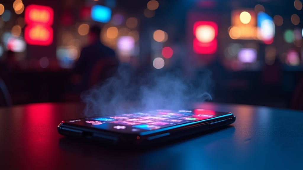 Smartfon z interfejsem aplikacji slotów w ciemnym, neonowym otoczeniu