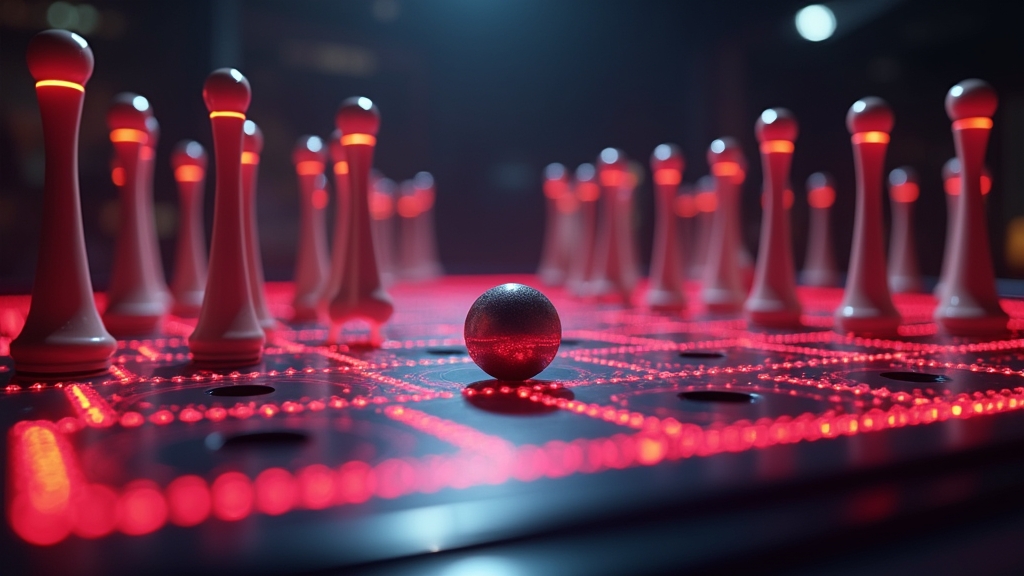 Plansza Plinko z kulką i świecącymi magnetycznymi kołkami w ciemnym klimacie