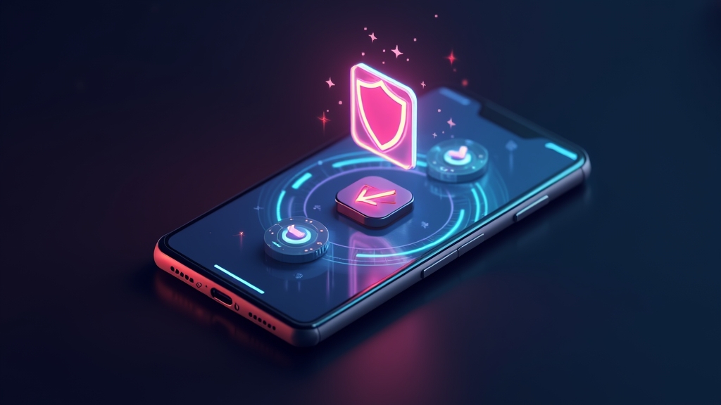 Smartfon z instalacją pliku APK w bezpiecznej, neonowej scenerii