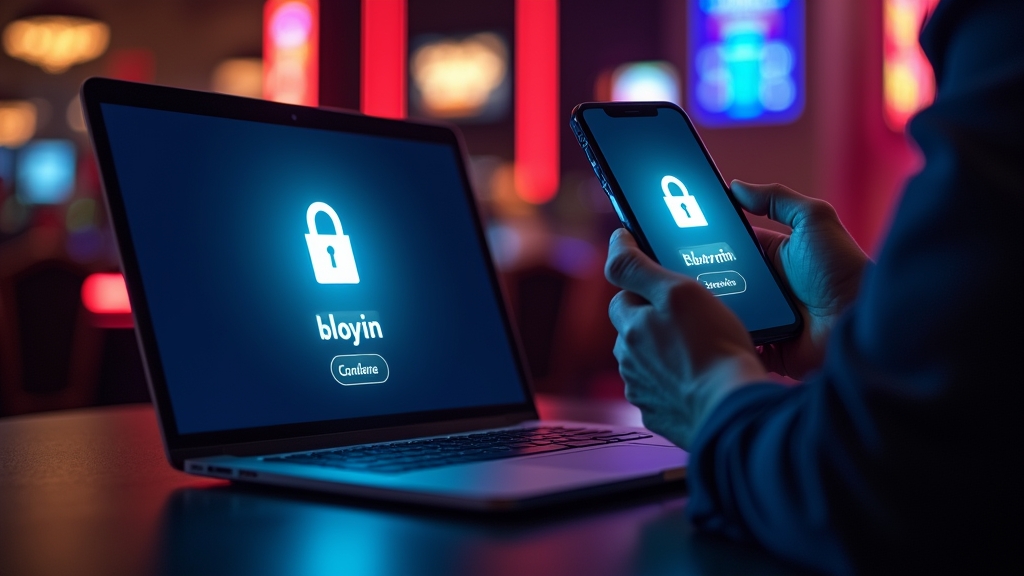 Laptop i smartfon z ekranem logowania w ciemnym, neonowym otoczeniu kasyna
